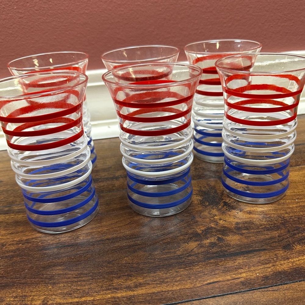 Vintage Anchor Hocking Red White and Blue Tumbler Stripes Set of 6